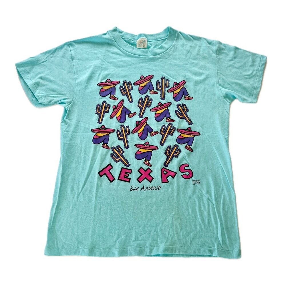 Vintage 90s San Antonio Texas Blue Southwestern T-Shirt Sz Large Single Stitch